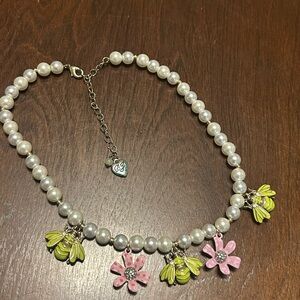 Betsey Johnson Necklace Pearl Flower Bees Enamel Crystal Garden Spring